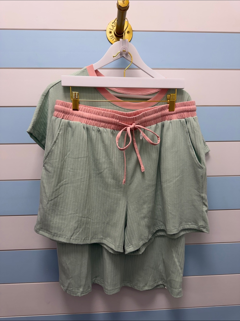 Plus Size Light Sage Athletic Shorts with Pink Waistband